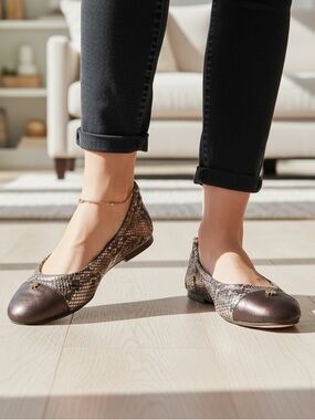 Tory Burch Brown and Gold Snake-Print Ballet Flats; never worn